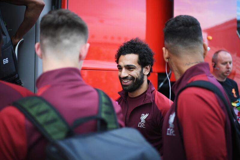 A handout photo made available by the UEFA of Liverpool's Mohamed Salah (C) arriving ahead of the UEFA Champions League final at IEV Airport in Kiev, Ukraine.  EPA / UEFA / HANDOUT