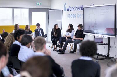 ABU DHABI, UNITED ARAB EMIRATES - March 14 2019.

Cranleigh School students debate about Brexit.

 (Photo by Reem Mohammed/The National)

Reporter: 
Section:  NA