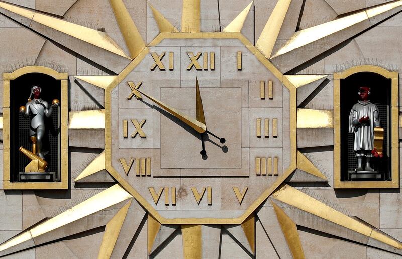 A clock, also called Carillon of Mont des Arts, is pictured in central Brussels, Belgium September 14, 2018. REUTERS/Francois Lenoir
