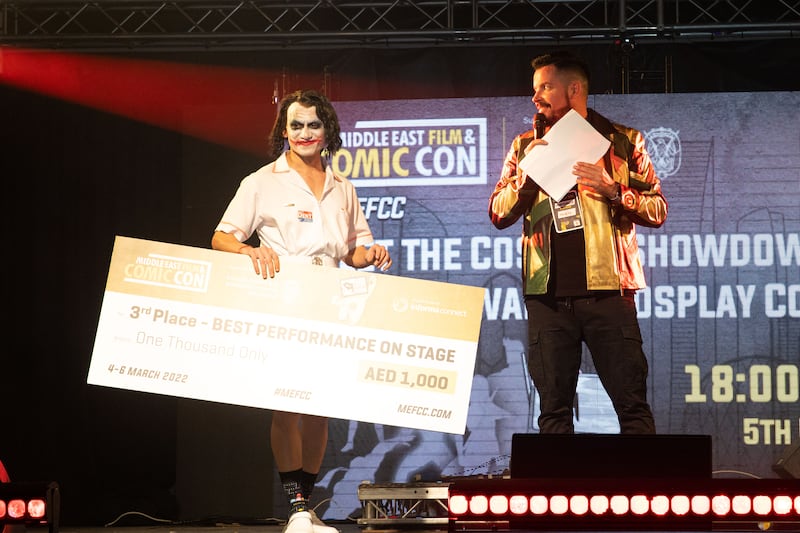 Mohammed Hasan, who goes by the cosplay name Themed Injection, won third place for Best Performance on Stage as Heath Ledger’s The Joker. Photo: Middle East Film and Comic Con