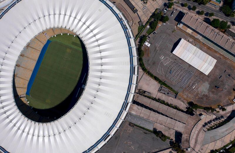 Aerial view of a temporary field hospital set up for coronavirus patients at the Maracana Stadium. Brazilian health authorities have turned part of the complex into a field hospital to face the coronavirus pandemic. AFP