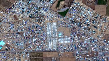 This combination of satellite images released by Maxar Technologies shows the before and after views, May 4, 2024, left, and May 15, 2024, where large numbers of displaced Palestinians that had been sheltering west of Khan Younis appear to have evacuated the area.  (Satellite image ©2024 Maxar Technologies via AP)
