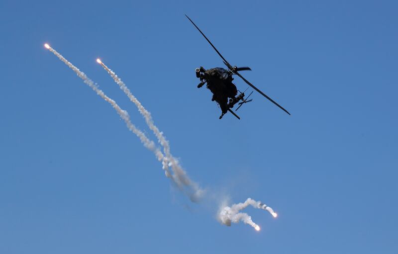 A South Korean Apache helicopter on the Hoguk military exercise in Yeoju-gun, 100km south of Seoul. The exercise  aims to test readiness against North's nuclear and missile threats.  EPA 