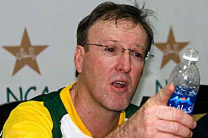 **FILE** In this Aug. 21, 2007 file photo, Pakistan Cricket team's coach Geoff Lawson addresses a news conference in Lahore, Pakistan. The chairman of the Pakistan Cricket Board says on Monday, Oct. 20, 2008 Geoff Lawson will not be kept as national team coach after his contract expires. (AP Photo/Fareed Khan,  File) *** Local Caption ***  LHR104_Pakistan_Cricket_Lawson.jpg