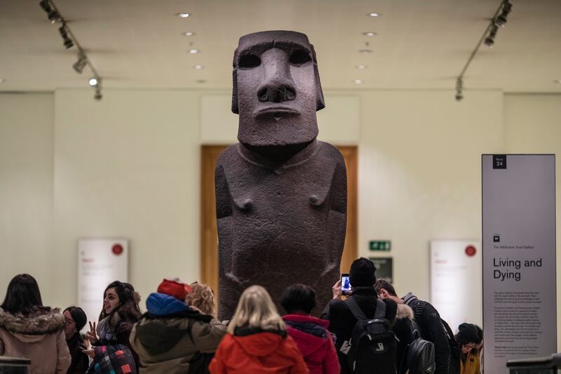 A basalt Easter Island Head figure, known as Hoa Hakananai'a, on display in 2018