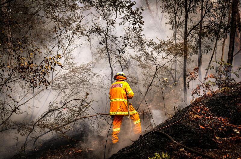A New South Wales (NSW) Rural Fire Service volunteer douses a fire during back-burning operations in bushland near the town of Kulnura, New South Wales, Australia. Bloomberg