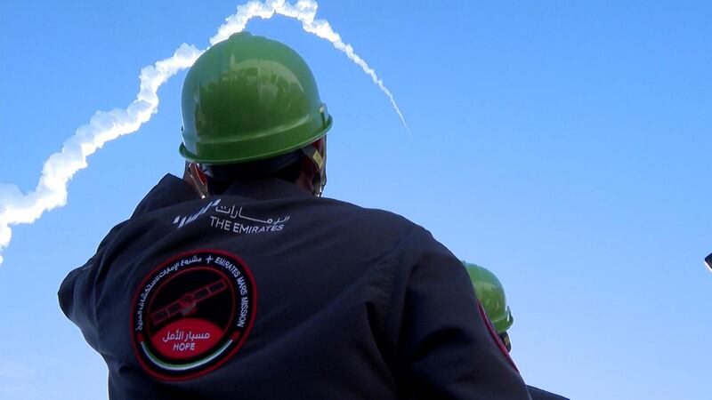 The UAE team watch the launch of the Mars Hope probe at the Tanegashima Space Centre.