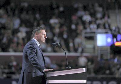 Peter Thiel, co-founder of PayPal Inc., speaks during the Republican National Convention (RNC) in Cleveland, Ohio, U.S., on Thursday, July 21, 2016. This evening marks the last night of a four-day Republican National Convention that has been defined by disorderly floor activity, divisions within the party, a plagiarized speech delivered by the nominee's wife and scattered protests in the streets of Cleveland. Photographer: Daniel Acker/Bloomberg