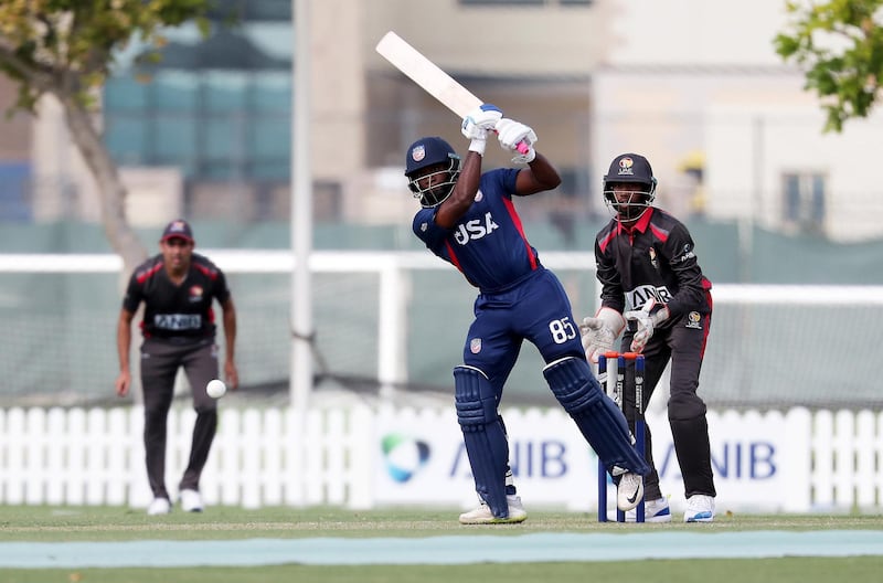 DUBAI, UNITED ARAB EMIRATES , Dec 12– 2019 :- Aaron Jones of USA playing a shot during the World Cup League 2 cricket match between UAE vs USA held at ICC academy in Dubai. ( Pawan Singh / The National )  For Sports. Story by Paul