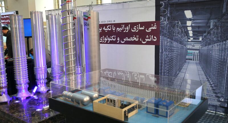 Iranian centrifuges on display during a meeting between Iran's Supreme Leader Ayatollah Khamenei, nuclear scientists and personnel of the Atomic Energy Organisation of Iran in Tehran. EPA