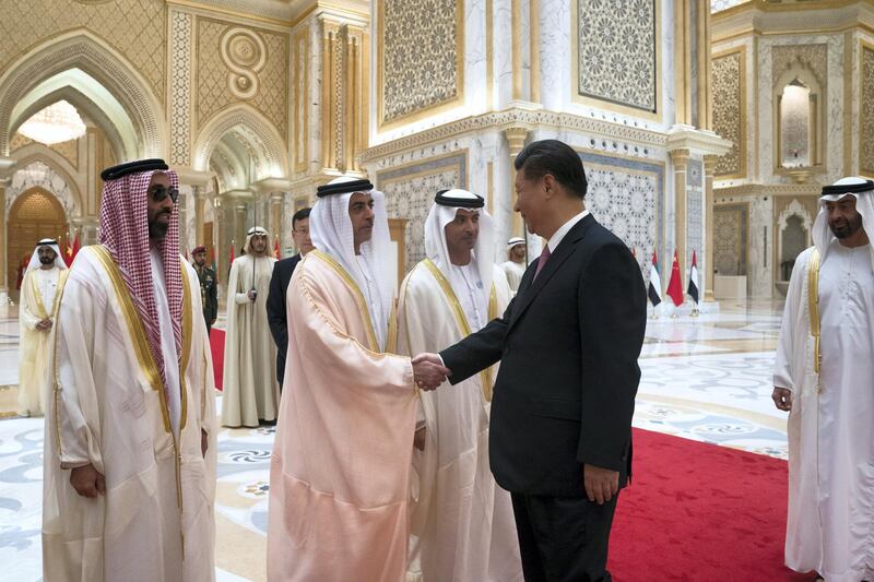 ABU DHABI, UNITED ARAB EMIRATES - July 20, 2018:   HE Xi Jinping, President of China (R) greets HH Lt General Sheikh Saif bin Zayed Al Nahyan, UAE Deputy Prime Minister and Minister of Interior (2nd L) at the Presidential Palace. 

( Mohamed Al Hammadi / Crown Prince Court - Abu Dhabi )
---