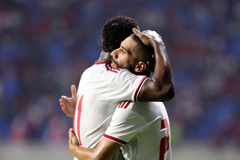 Dubai, United Arab Emirates - October 10, 2019: UAE's Tariq Hassan scores during the Qatar 2022 world cup qualifier between The UAE and Indonesia. Thursday 10th of October. Al Maktoum Stadium, Dubai. Chris Whiteoak / The National