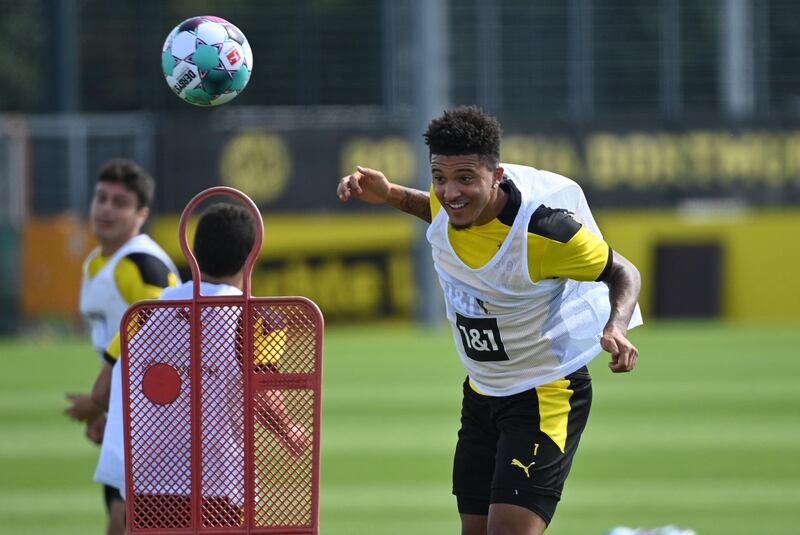 Jadon Sancho attends a training session with Borussia Dortmund at the team training grounds in Dortmund. AFP