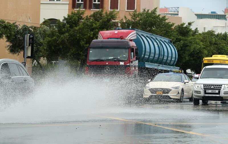 Waterlogged streets around the Discovery Gardens area in Dubai. Pawan Singh / The National 