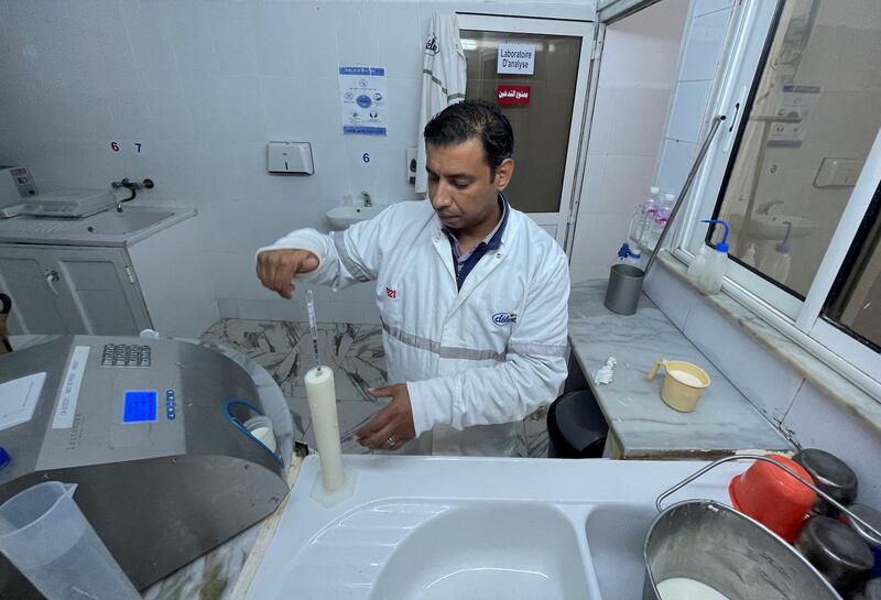 Sofien Dridi, an engineer from Delice, tests the quality of milk collected from a farmer.