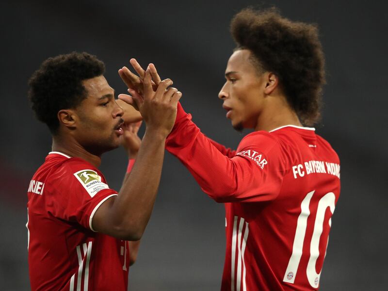 Serge Gnabry of Bayern Munich celebrates scoring the opening goal with his new teammate Leroy Sane. Getty