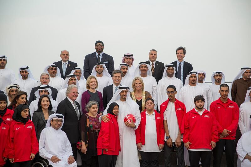 ABU DHABI, UNITED ARAB EMIRATES - January 23, 2017: HH Sheikh Mohamed bin Zayed Al Nahyan, Crown Prince of Abu Dhabi and Deputy Supreme Commander of the UAE Armed Forces (C) stands for a photograph with members of the Special Olympics, during a Sea Palace barza. Seen with Dr Timothy Shriver, Chairman of the Special Olympics, HE Dr Ali bin Tamim, Director General of Abu Dhabi Media Company and other dignitaries.
( Mohamed Al Hammadi / Crown Prince Court - Abu Dhabi )
---