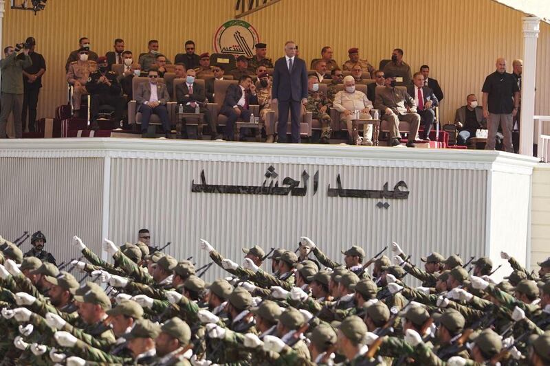 Iraq's Prime Minister Mustafa Al Kadhimi attends a parade marking the seventh anniversary of the Popular Mobilisation Forces. AFP