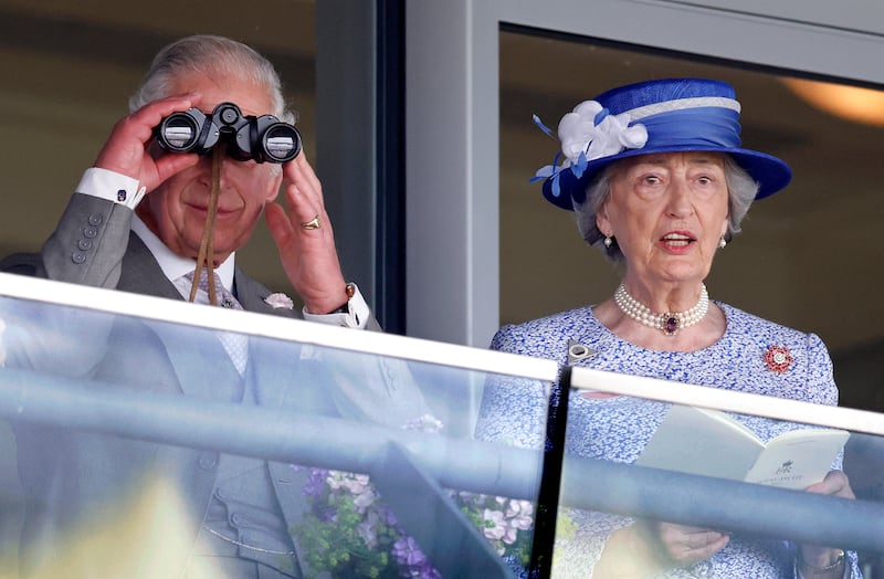 Lady Susan Hussey with King Charles III, then Prince of Wales, at Royal Ascot in June. Getty Images