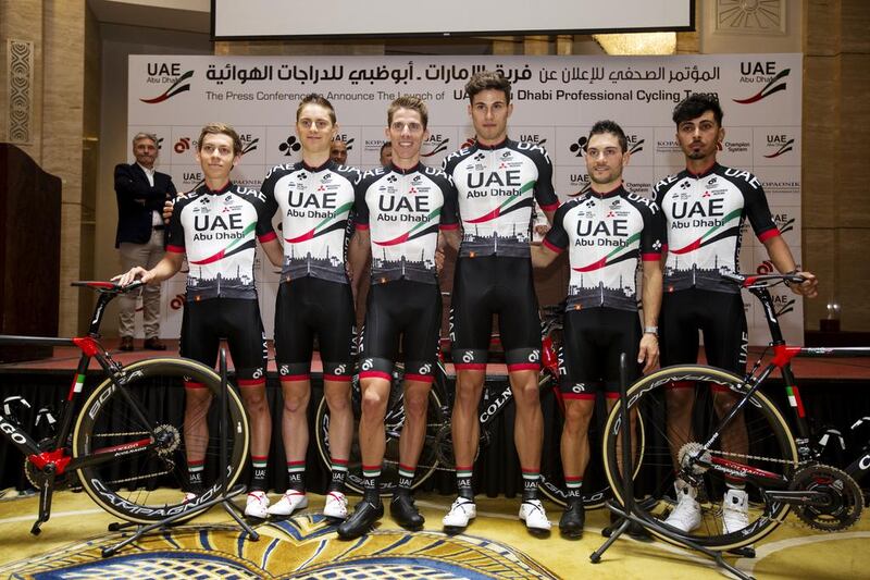 From left to right: Louis Meintjes, Matej Mohoric, Rui Alberto Faria da Costa, Filippo Ganna, Andrea Guardini and Yousif Mirza make up part of the newly-formed UAE-Abu Dhabi Professional Cycle Team. Christopher Pike / The National