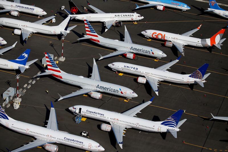 FILE PHOTO: Grounded Boeing 737 MAX aircraft are seen parked in an aerial photo at Boeing Field in Seattle, Washington, U.S. July 1, 2019. Picture taken July 1, 2019.  REUTERS/Lindsey Wasson/File Photo