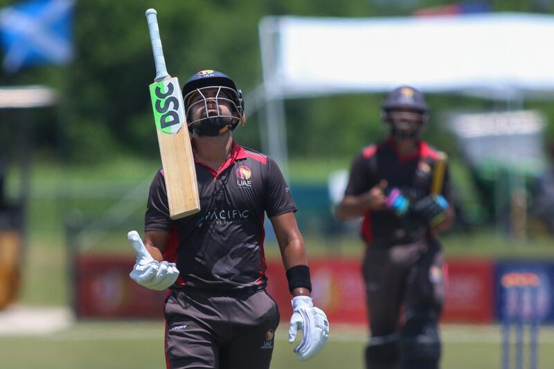 Basil Hameed tosses his bat in frustration after falling to Ali Khan in UAE's defeat to United States in Texas. All photos supplied by USA Cricket