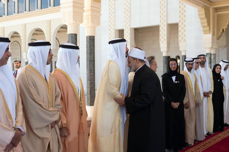 ABU DHABI, UNITED ARAB EMIRATES - February 05, 2019: Day three of the UAE Papal visit - HH Sheikh Abdullah bin Zayed Al Nahyan, UAE Minister of Foreign Affairs and International Cooperation (4th L), bids farewell to His Eminence Dr Ahmad Al Tayyeb, Grand Imam of the Al Azhar Al Sharif (R), at the Presidential Airport. 


( Rashed Al Mansoori / Ministry of Presidential Affairs )
---