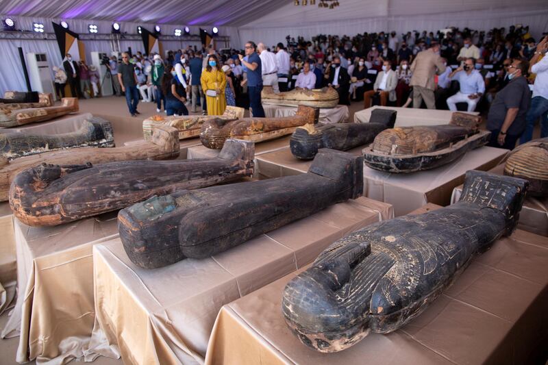 A sarcophagus that is around 2500 years old is displayed at the Saqqara archaeological site, 30 kilometers (19 miles) south of Cairo, Egypt.  AP