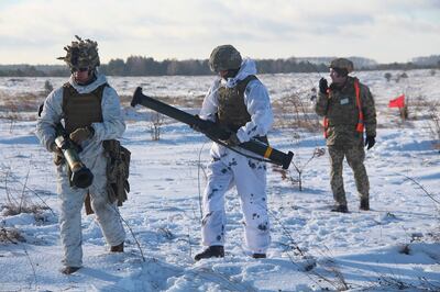 Ukrainian soldiers train using American-made M141 Bunker Defeat Munition missiles. AP 