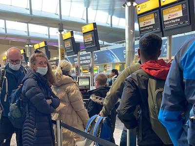 Passengers waiting to check-in for flights at Heathrow's Terminal 2 on Monday. Photo: Vishal Sood's Twitter