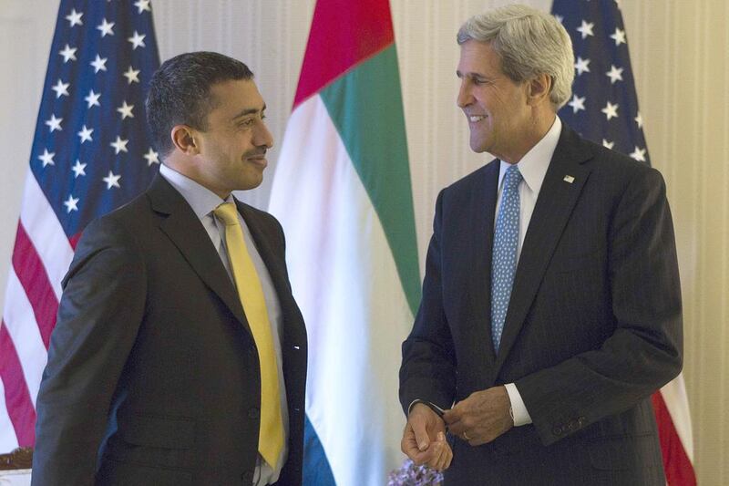United Arab Emirates Foreign Minister Sheikh Abdullah bin Zayed (L) speaks with U.S. Secretary of State John Kerry during a bilateral meeting in New York. Reuters/Eduardo Munoz 
