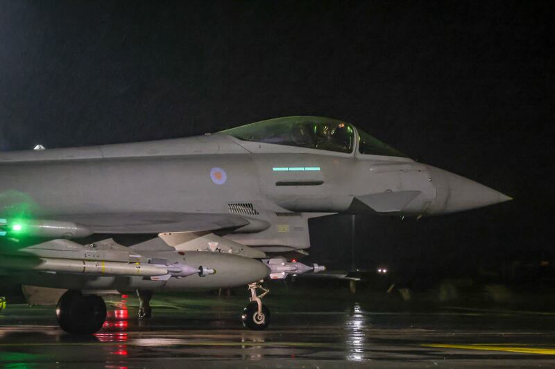 A Royal Air Force Typhoon FGR4 takes off to carry out air strikes against Houthi military targets in Yemen, from RAF Akrotiri, Cyprus, Monday, January 22, 2024. Ministry of Defence via AP