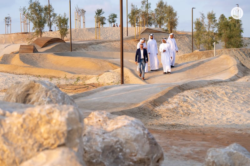 Sheikh Khaled bin Mohamed, second from right, along with officials at the inauguration of Trail X in Hudayriyat Island. Photo: Abu Dhabi Media Office