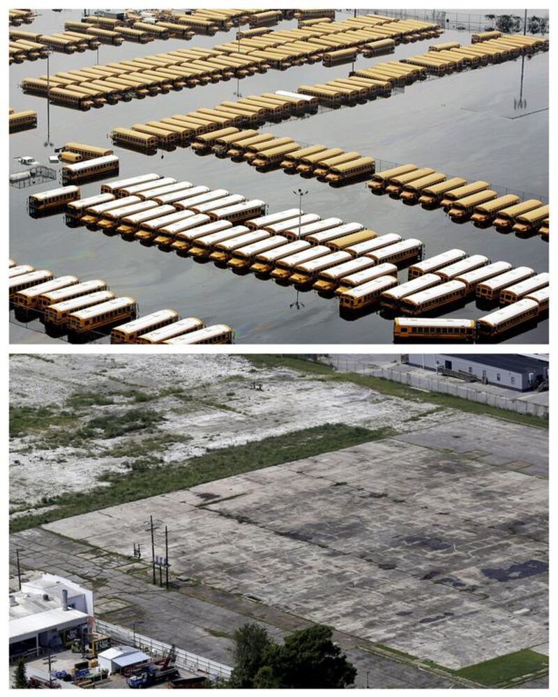 Buses parked in a lot flooded by Hurricane Katrina in central New Orleans, and the same area a decade later.