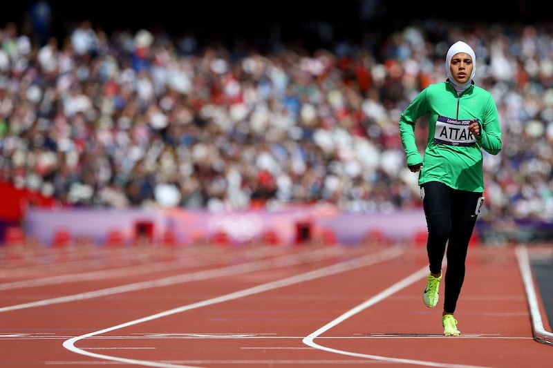 LONDON, ENGLAND - AUGUST 08:  Sarah Attar of Saudi Arabia competes in the Women's 800m Round 1 Heats on Day 12 of the London 2012 Olympic Games at Olympic Stadium on August 8, 2012 in London, England.  (Photo by Streeter Lecka/Getty Images)