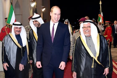 epa08038040 A handout photo made available by the Kuwait News Agency (KUNA) shows Britain's Prince William, the Duke of Cambridge (L) received by Kuwait's Minister of the Amiri Diwan (Royal Palace) Affairs, Sheikh Ali al-Jarrah al-Sabah, at Kuwait International Airport, 01 December 2019. EPA/KUNA / HANDOUT HANDOUT EDITORIAL USE ONLY/NO SALES