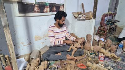 Santoshkumar Chitragar in his toy-making factory in Kinnal, or Kinhal. Kinnalart