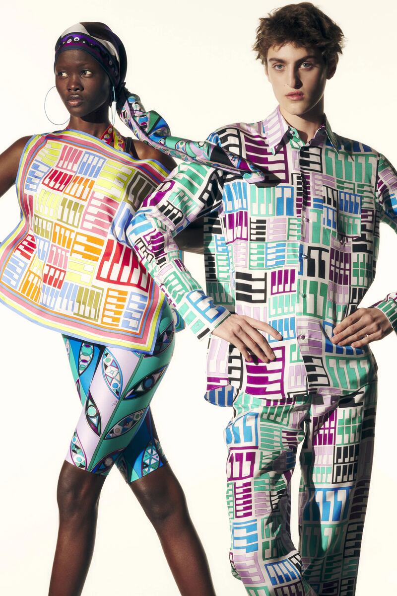 At Pucci, pedal pushers, headscarves and pyjama-style looks are decorated with 1980s-style circuit boards. Photo: Pucci