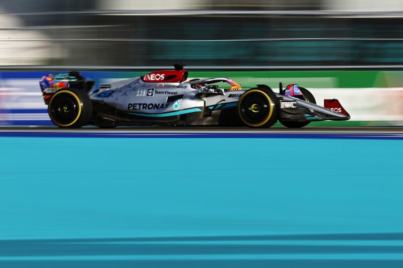 George Russell on track during practice ahead of the F1 Grand Prix of Miami. AFP

