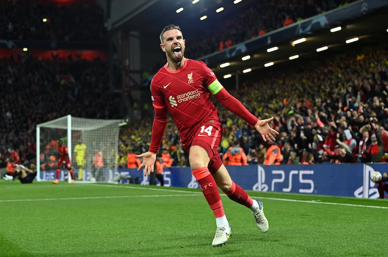 Liverpool's Jordan Henderson celebrates after his cross took a deflection off Villarreal's Geronimo Rulli to give his side the lead in the Champions League semi-final first leg at Anfield on April 27. Getty