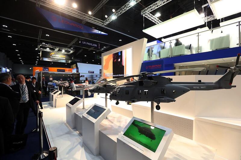 Above, various models of helicopters on display at the Leonardo stand. Satish Kumar / The National