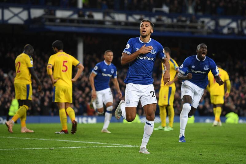 LIVERPOOL, ENGLAND - OCTOBER 21:  Dominic Calvert-Lewin of Everton celebrates after scoring his team's first goal during the Premier League match between Everton FC and Crystal Palace at Goodison Park on October 21, 2018 in Liverpool, United Kingdom.  (Photo by Michael Regan/Getty Images)