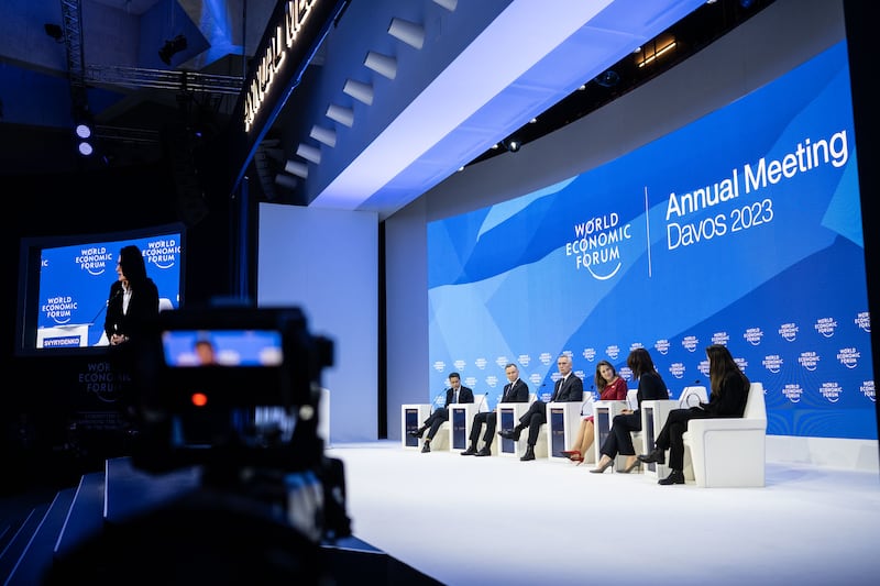 Mr Duda, Nato chief Jens Stoltenberg, Canada's Deputy Prime Minister Chrystia Freeland, Yuliia Svyrydenko, first deputy prime minister in Ukraine, and US Director of National Intelligence Avril Haines attend a session hosted by broadcaster Fareed Zakaria. Photo: WEF