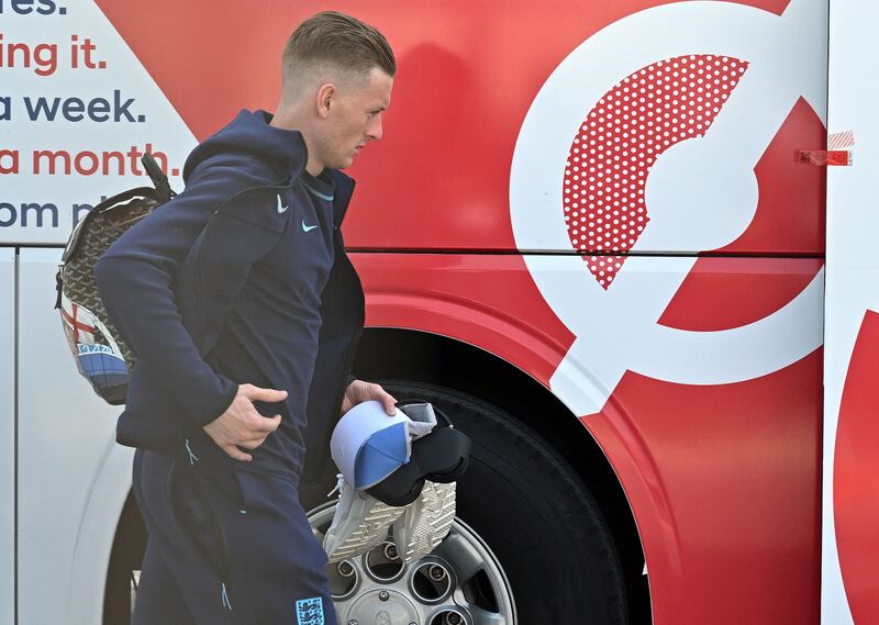 England goalkeeper Jordan Pickford leaves the team hotel. AFP