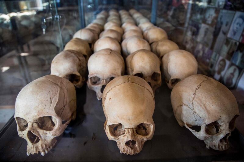 (FILES) This file photo taken on March 22, 2019 shows skulls of victims of the Rwanda's 1994 genocide's at the Ntarama Genocide Memorial, in Kigali. France on May 16, 2020 arrested Felicien Kabuga, one of the last key fugitives wanted over 1994 Rwandan genocide, leaving him facing a likely trial at an international tribunal after a quarter of a century on the run. / AFP / Jacques NKINZINGABO
