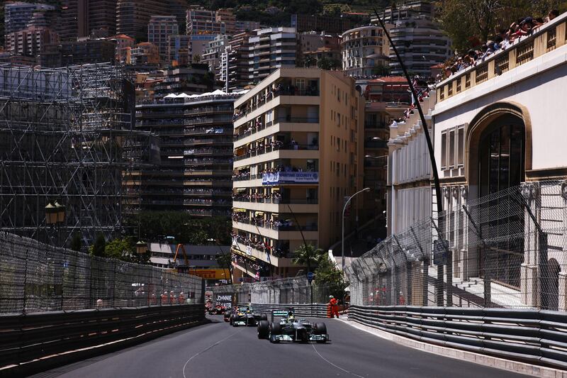 MONTE-CARLO, MONACO - MAY 26:  Nico Rosberg of Germany and Mercedes GP leads his team mate Lewis Hamilton of Great Britain and Mercedes GP and the rest of the field at the start of the Monaco Formula One Grand Prix at the Circuit de Monaco on May 26, 2013 in Monte-Carlo, Monaco.  (Photo by Ker Robertson/Getty Images) *** Local Caption ***  169507963.jpg