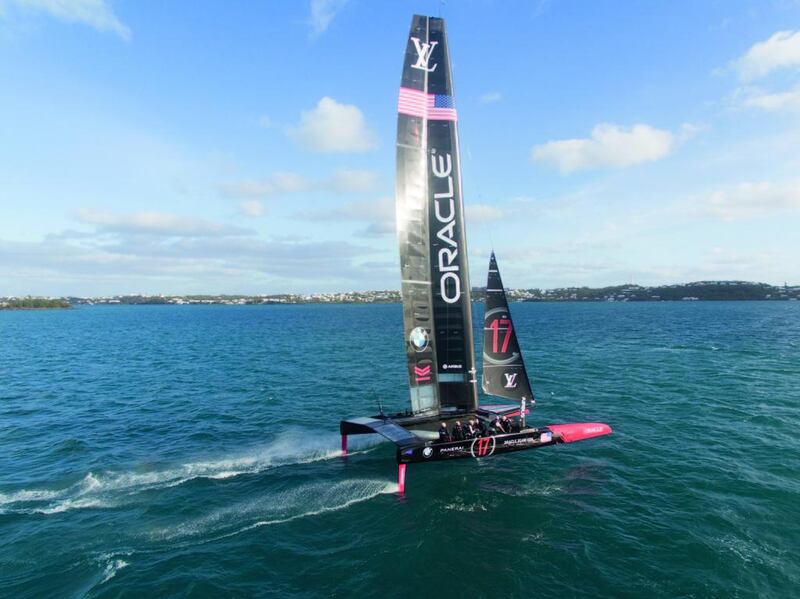 Oracle Team USA takes its boat onto the water to practice ahead of the 35th America's Cup in Bermuda. Photo by Sam Greenfield 