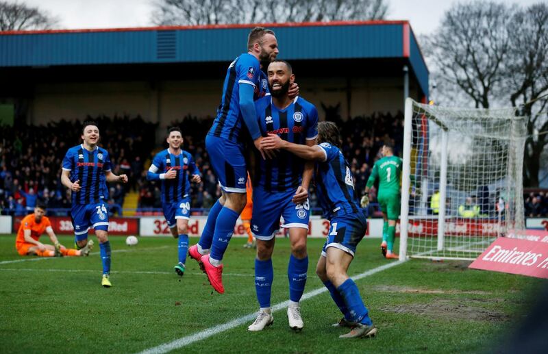 Soccer Football - FA Cup - Third Round - Rochdale v Newcastle United - The Crown Oil Arena, Rochdale, Britain - January 4, 2020  Rochdale's Aaron Wilbraham celebrates scoring their first goal with teammates   Action Images via Reuters/Craig Brough     TPX IMAGES OF THE DAY