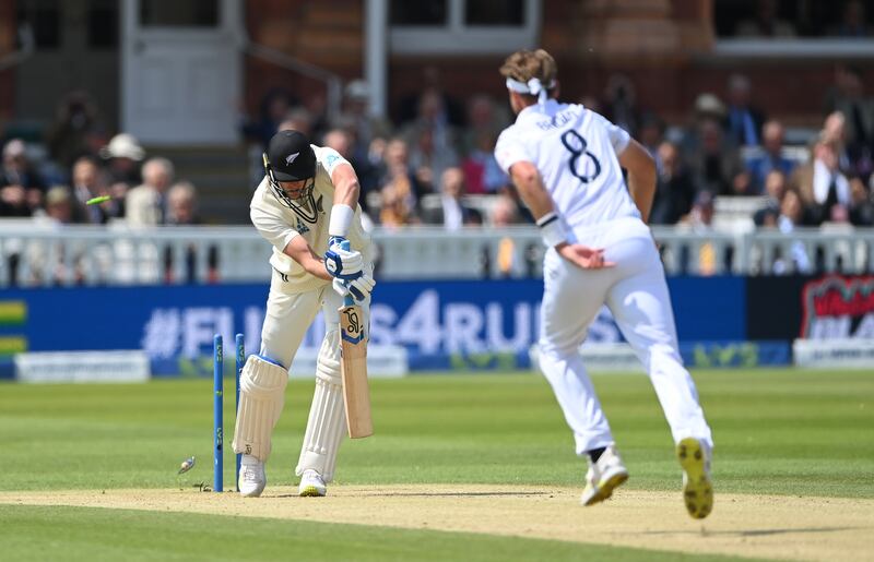 Kyle Jamieson is bowled first ball by Stuart Broad. Getty