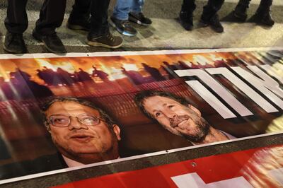 A poster with the portraits of National Security Minister, Itamar Ben-Gvir, and Finance Minister, Bezalel Smotrich, during a protest against the government's justice reform bill in Tel Aviv, last week. AFP